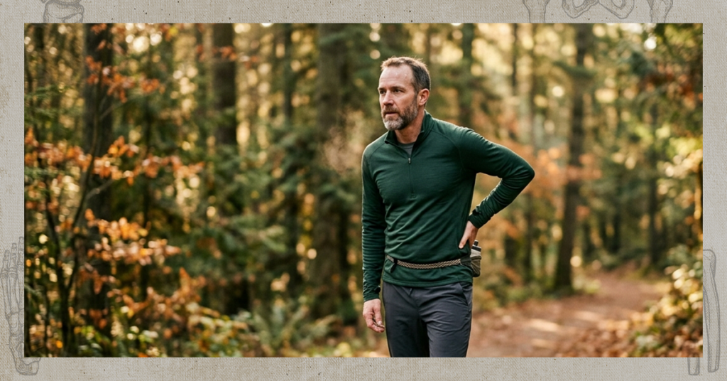 Man hiking in green shirt with back pain