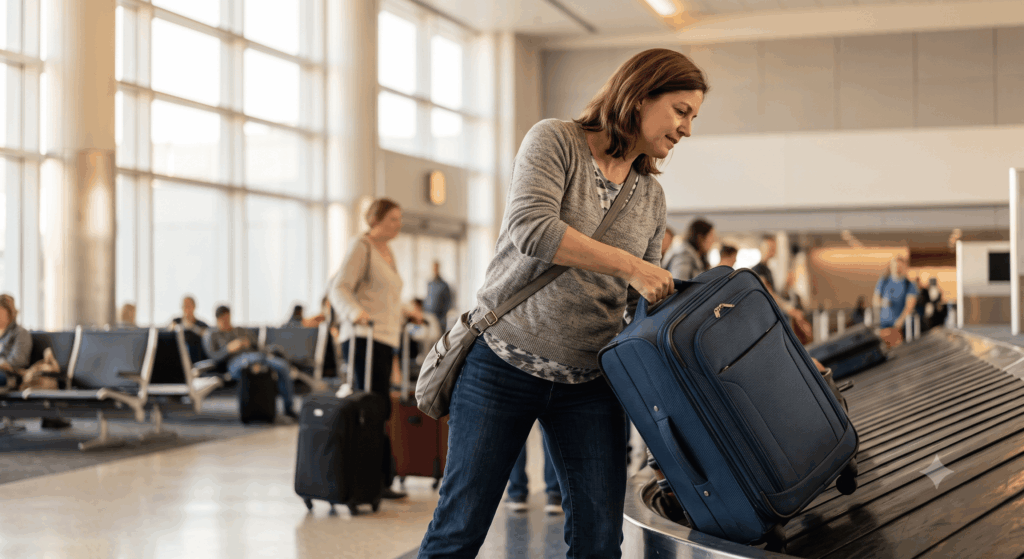 Woman lifting luggage at the airport