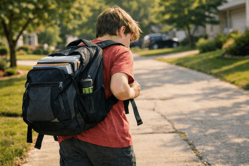 Child with overloaded backpack